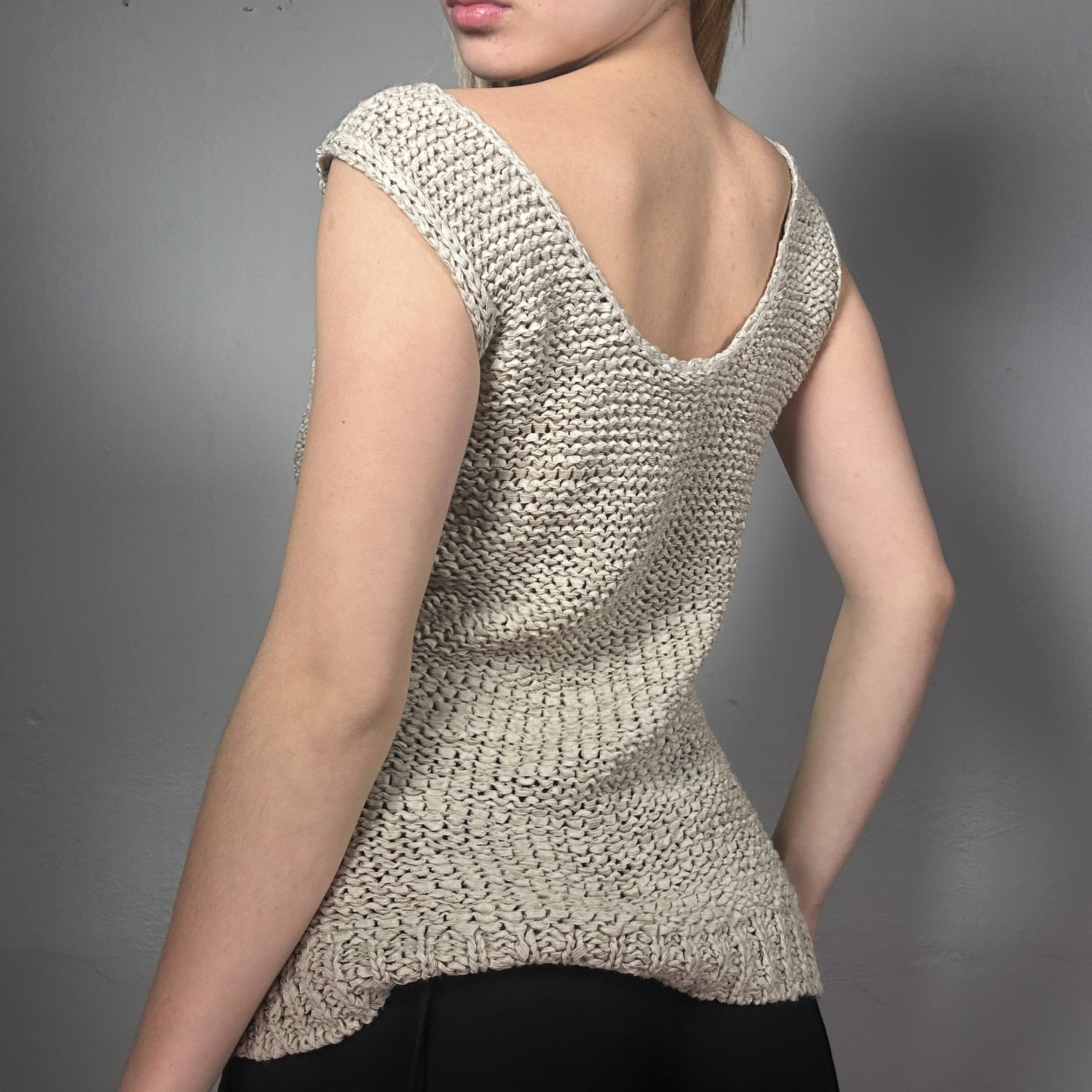 Boho Beige Knit Top from the Nineties: Open Stitch Dream (Size M)