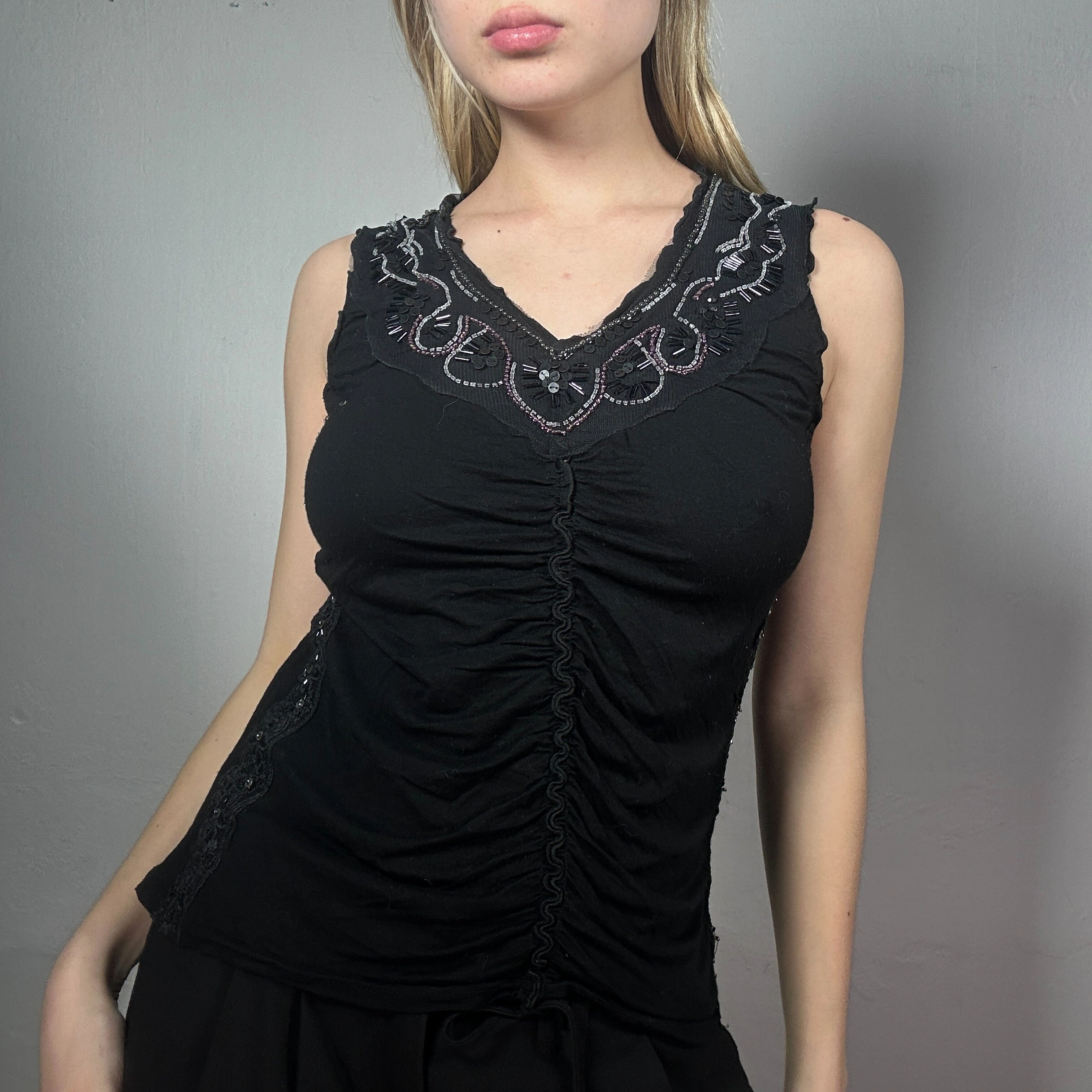 90s Grunge Black Top Embroidered Ruched Sleeveless Vintage Cool