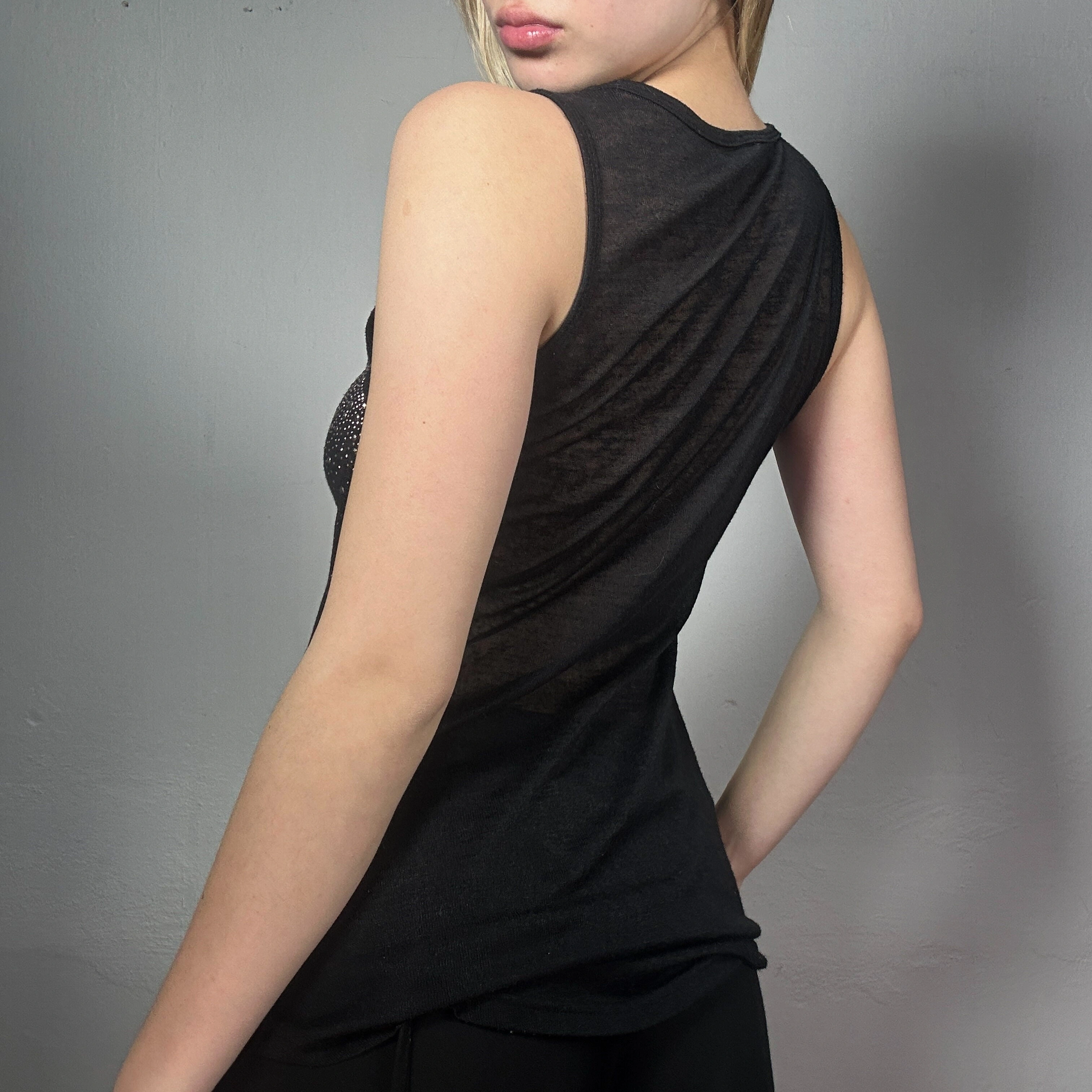 90s Black Tank Top Rhinestone Detail Vintage Archive Size Medium